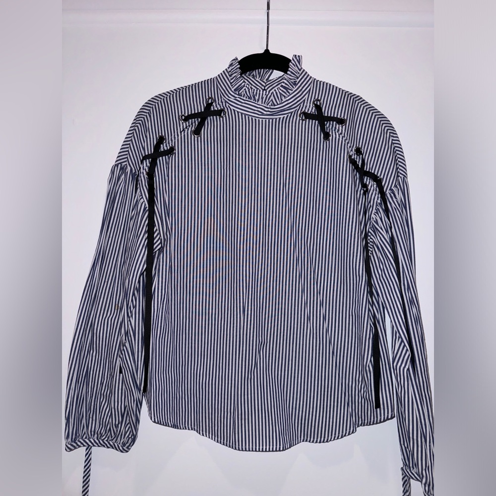 Blue and white stripe blouse with ribbon detail